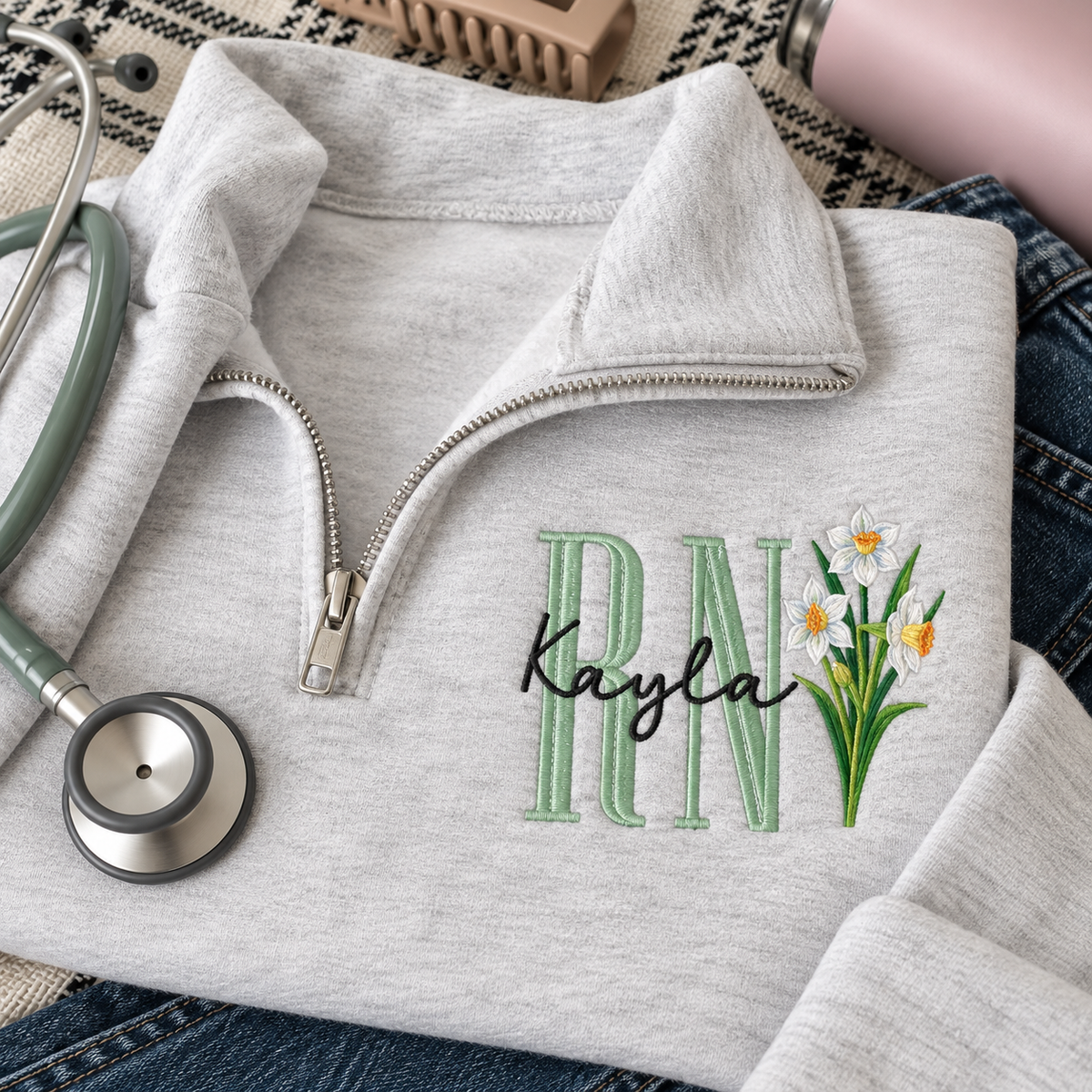Personalized Birth Flower Nurse Quarter Zip Sweatshirt, Custom Name Embroidery, RN Nursing Graduation Gift for Her