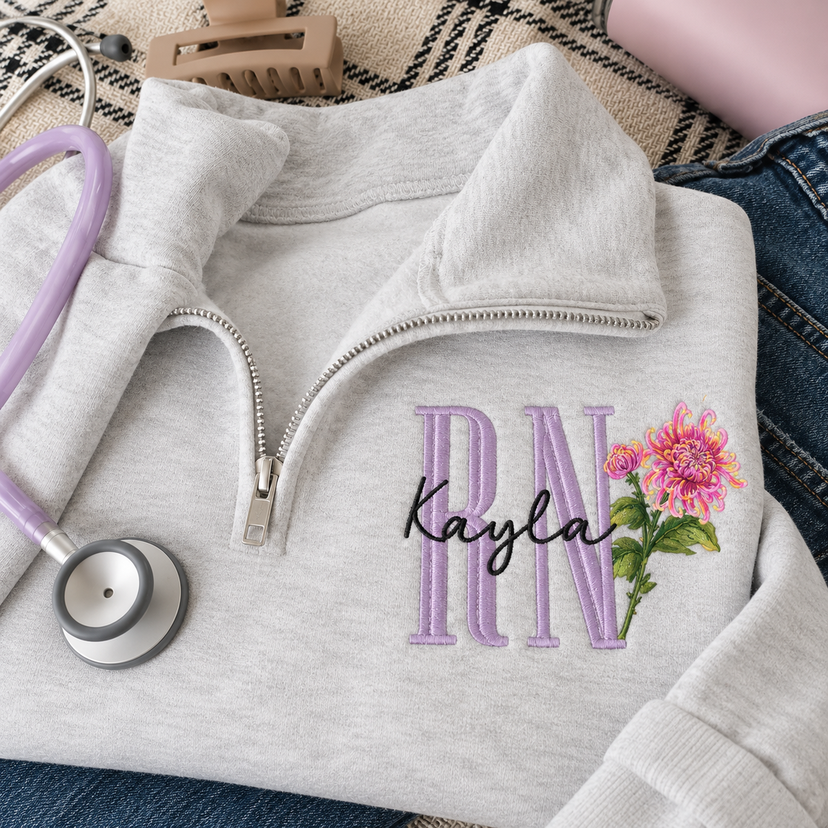 Personalized Birth Flower Nurse Quarter Zip Sweatshirt, Custom Name Embroidery, RN Nursing Graduation Gift for Her