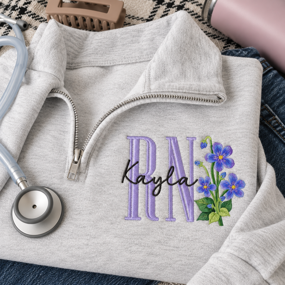 Personalized Birth Flower Nurse Quarter Zip Sweatshirt, Custom Name Embroidery, RN Nursing Graduation Gift for Her