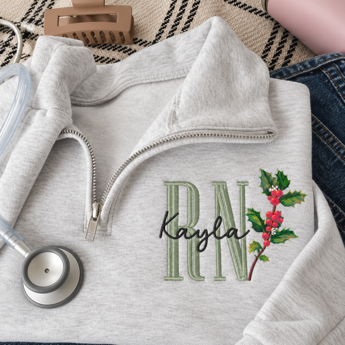 Personalized Birth Flower Nurse Quarter Zip Sweatshirt, Custom Name Embroidery, RN Nursing Graduation Gift for Her