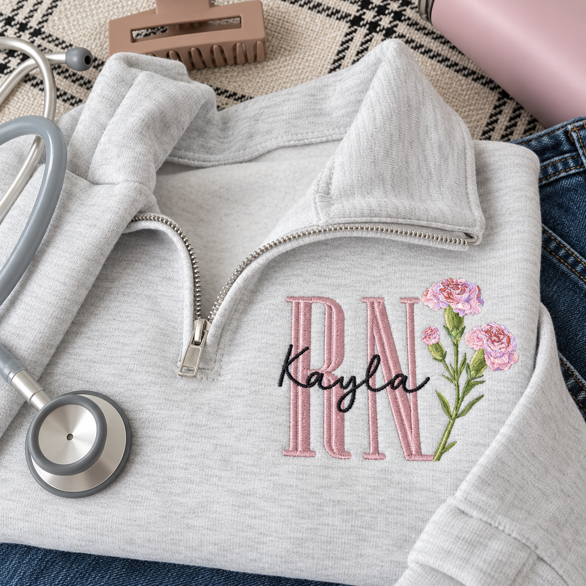 Personalized Birth Flower Nurse Quarter Zip Sweatshirt, Custom Name Embroidery, RN Nursing Graduation Gift for Her
