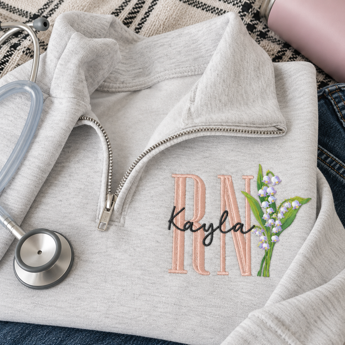 Personalized Birth Flower Nurse Quarter Zip Sweatshirt, Custom Name Embroidery, RN Nursing Graduation Gift for Her