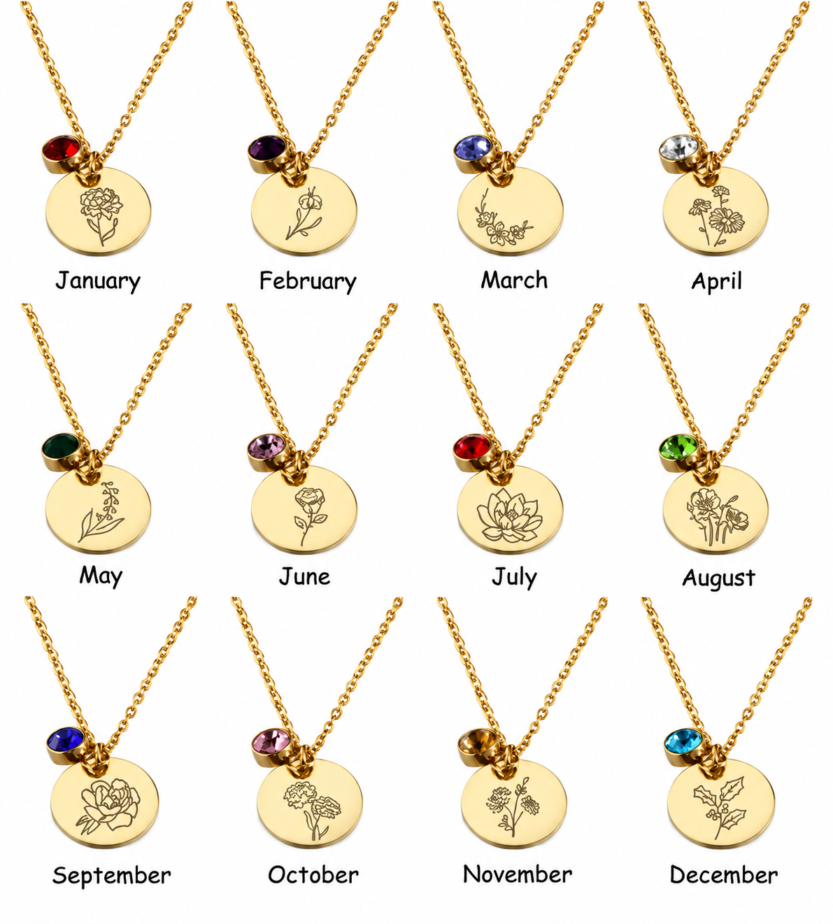 Birth Month Flowers Clipart Floral Discs Stainless Steel Pendant Necklace birthstone Personalized Birthday Gift for Her for Mom