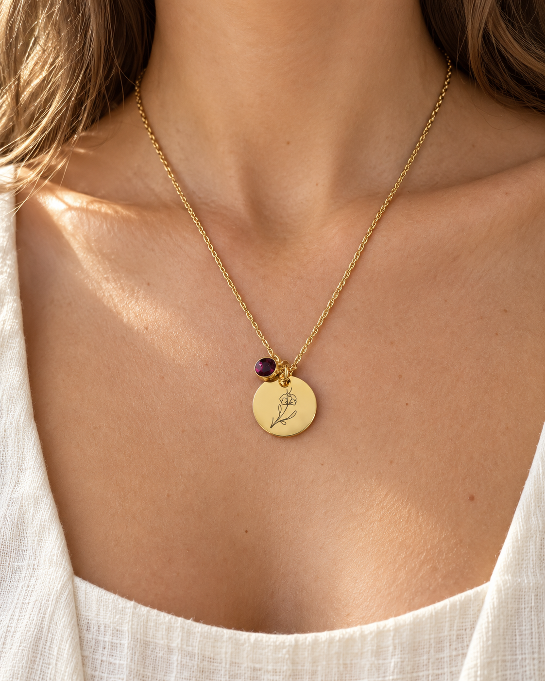Birth Month Flowers Clipart Floral Discs Stainless Steel Pendant Necklace birthstone Personalized Birthday Gift for Her for Mom