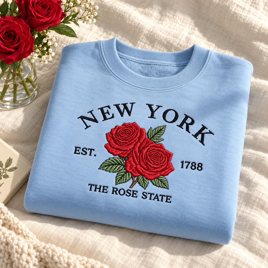 Custom State Flower Sweatshirt - Embroidered Crewneck, Personalize State Gift, USA Travel Souvenir