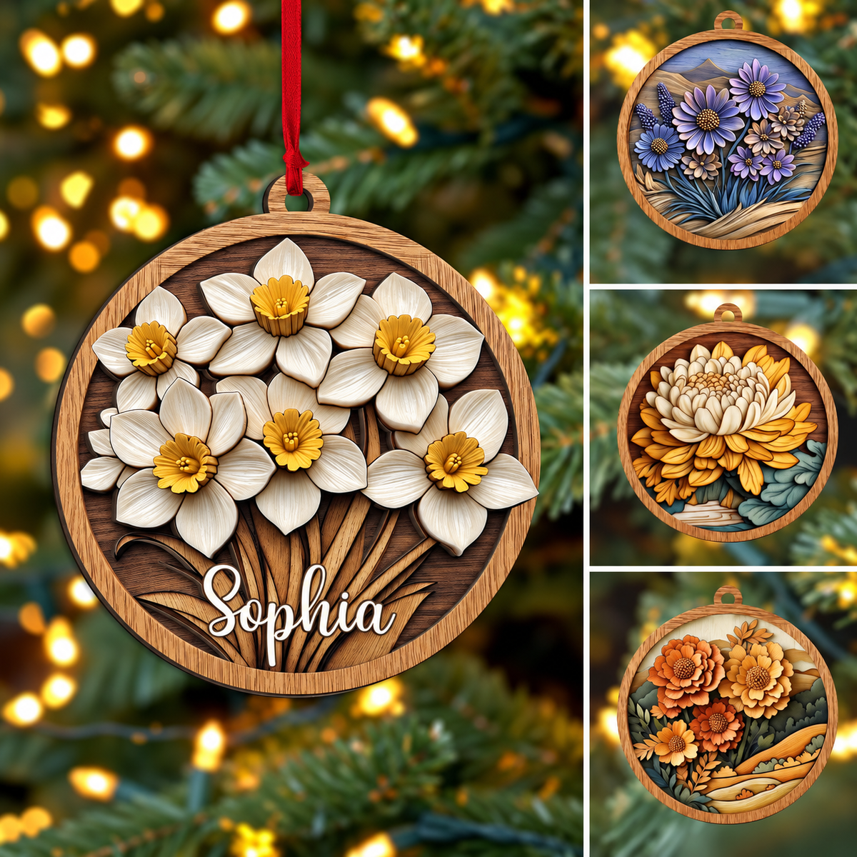Personalized Birth Month Flower 2-Layered Wood Ornament - Custom Name Floral Christmas Tree