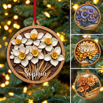 Personalized Birth Month Flower 2-Layered Wood Ornament - Custom Name Floral Christmas Tree