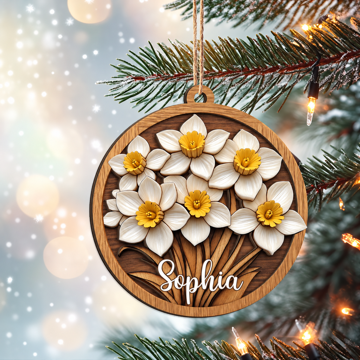 Personalized Birth Month Flower 2-Layered Wood Ornament - Custom Name Floral Christmas Tree
