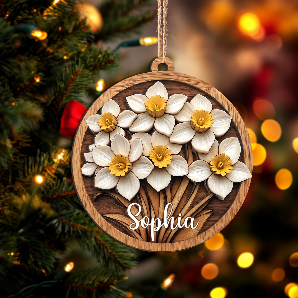 Personalized Birth Month Flower 2-Layered Wood Ornament - Custom Name Floral Christmas Tree