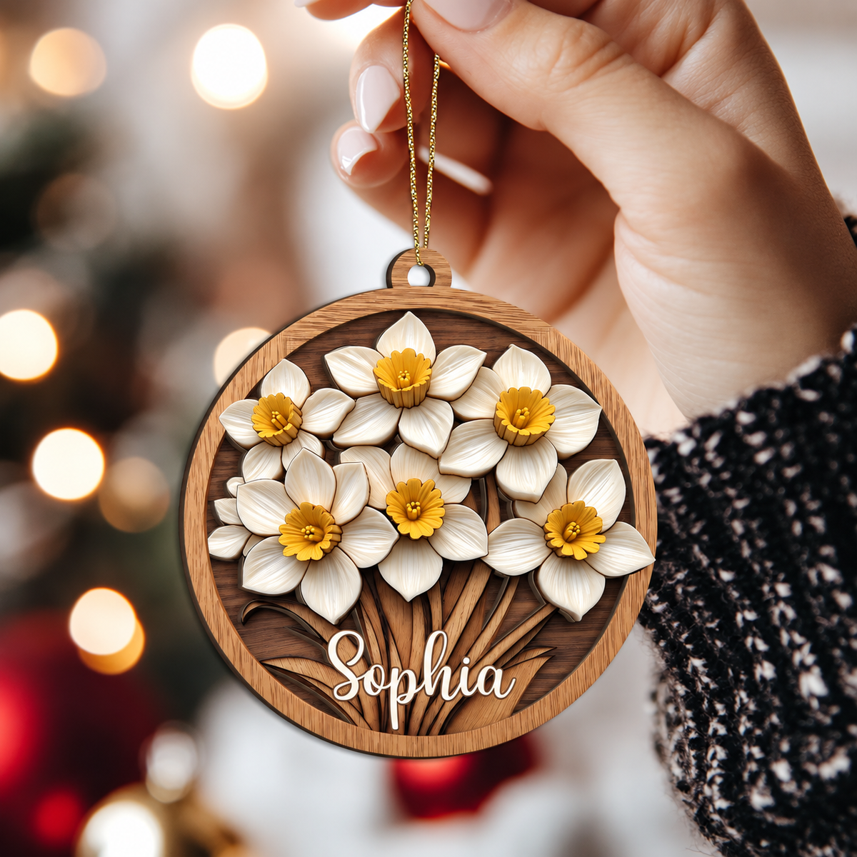 Personalized Birth Month Flower 2-Layered Wood Ornament - Custom Name Floral Christmas Tree