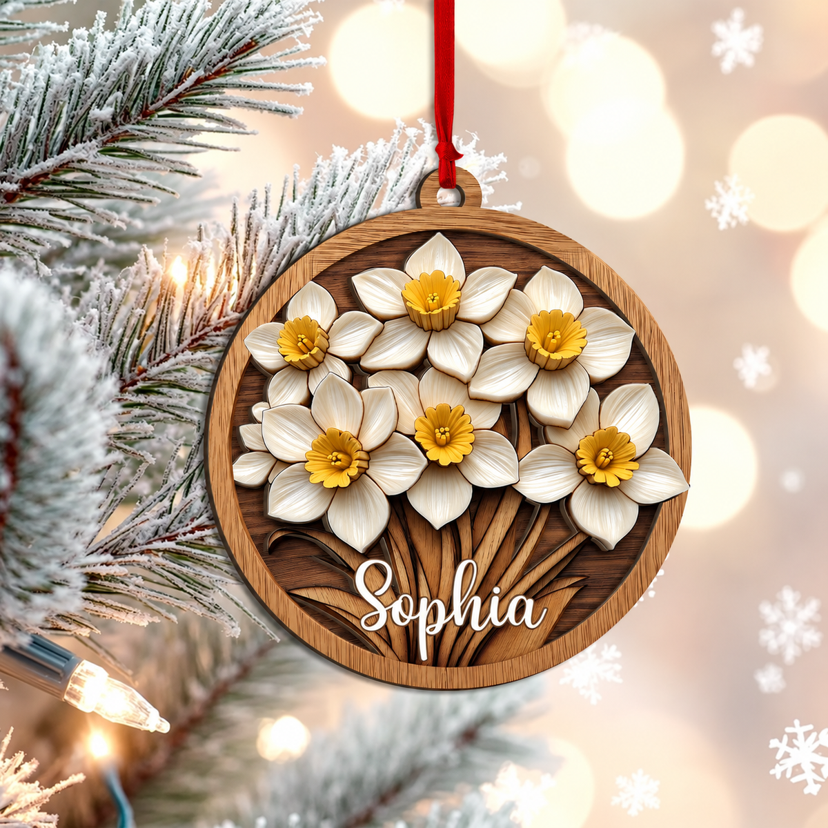 Personalized Birth Month Flower 2-Layered Wood Ornament - Custom Name Floral Christmas Tree