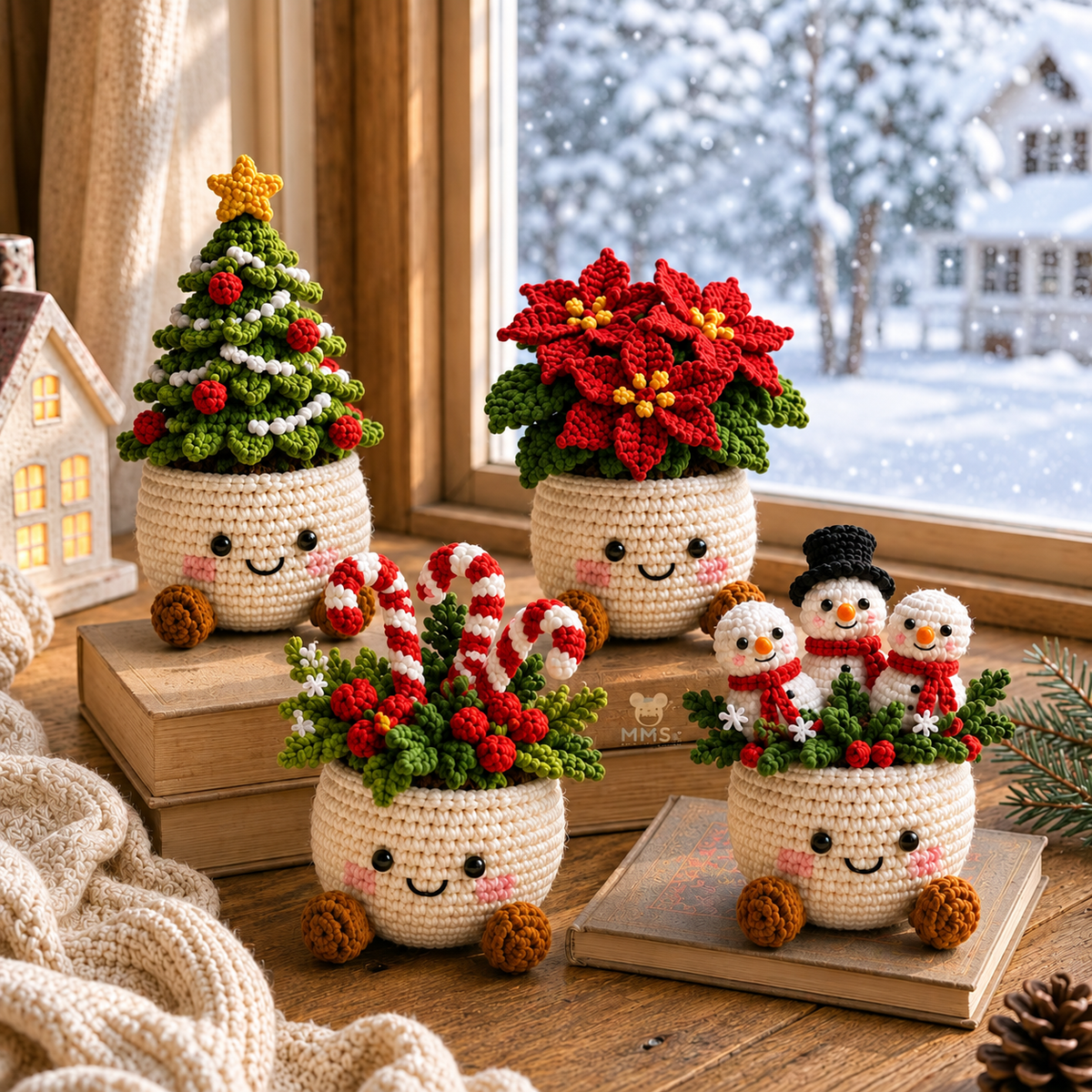 Crochet Christmas Flower Pot – Handmade Poinsettia Holiday Floral, Christmas Decor, Gift
