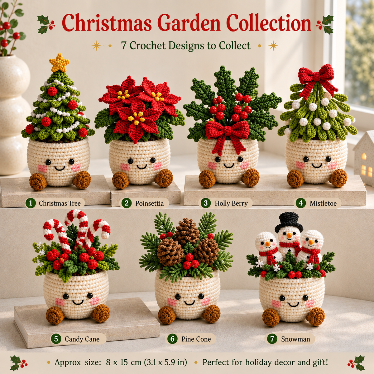 Crochet Christmas Flower Pot – Handmade Poinsettia Holiday Floral, Christmas Decor, Gift