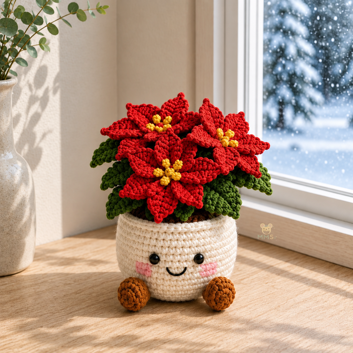 Crochet Christmas Flower Pot – Handmade Poinsettia Holiday Floral, Christmas Decor, Gift