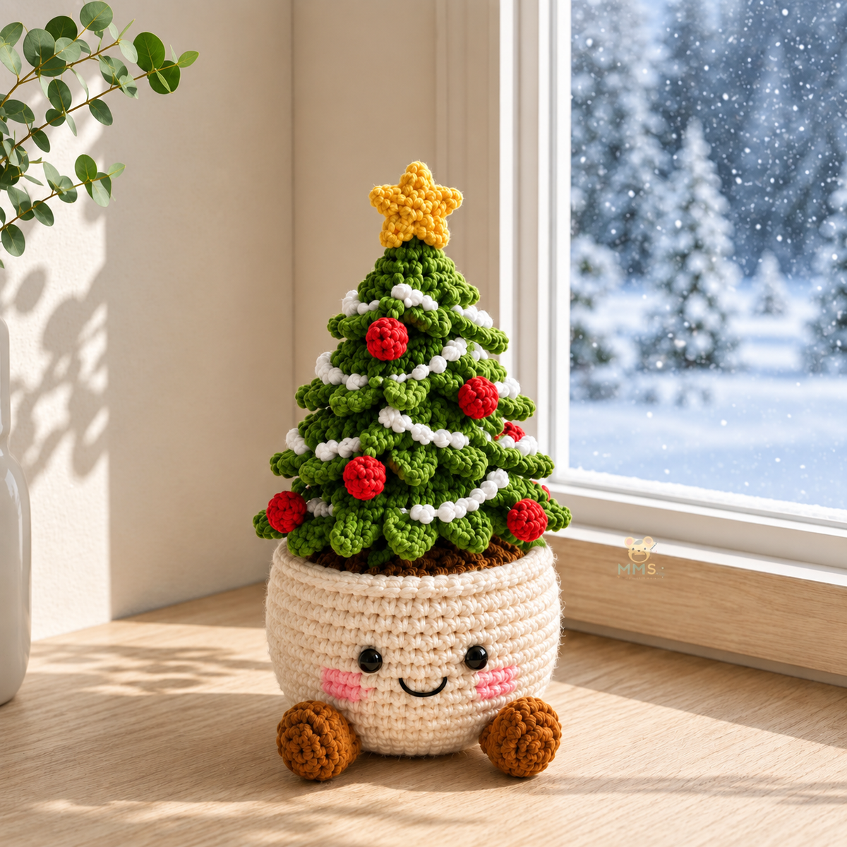 Crochet Christmas Flower Pot – Handmade Poinsettia Holiday Floral, Christmas Decor, Gift