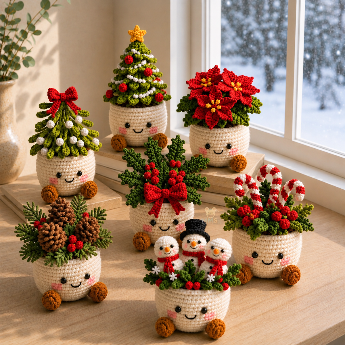 Crochet Christmas Flower Pot – Handmade Poinsettia Holiday Floral, Christmas Decor, Gift