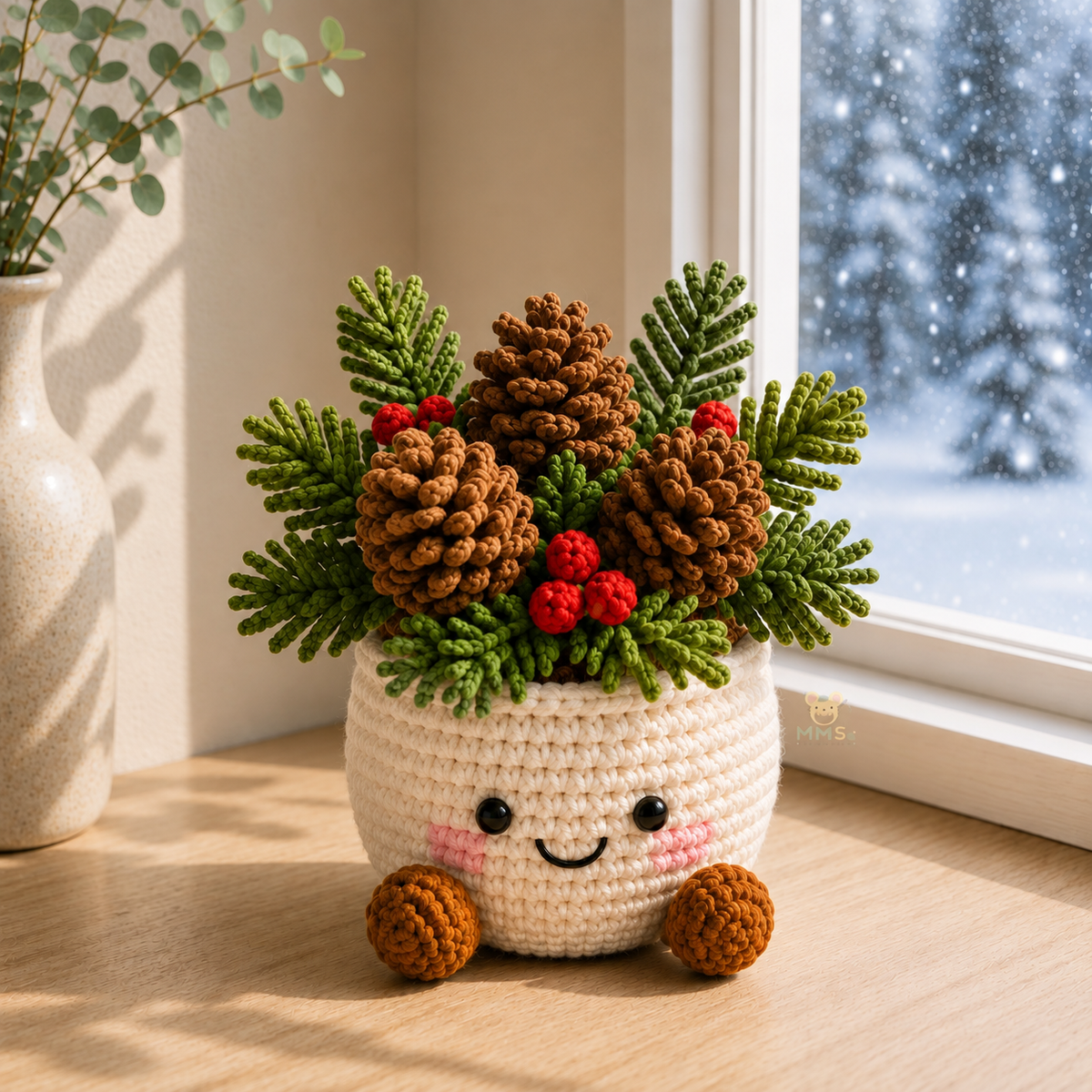 Crochet Christmas Flower Pot – Handmade Poinsettia Holiday Floral, Christmas Decor, Gift