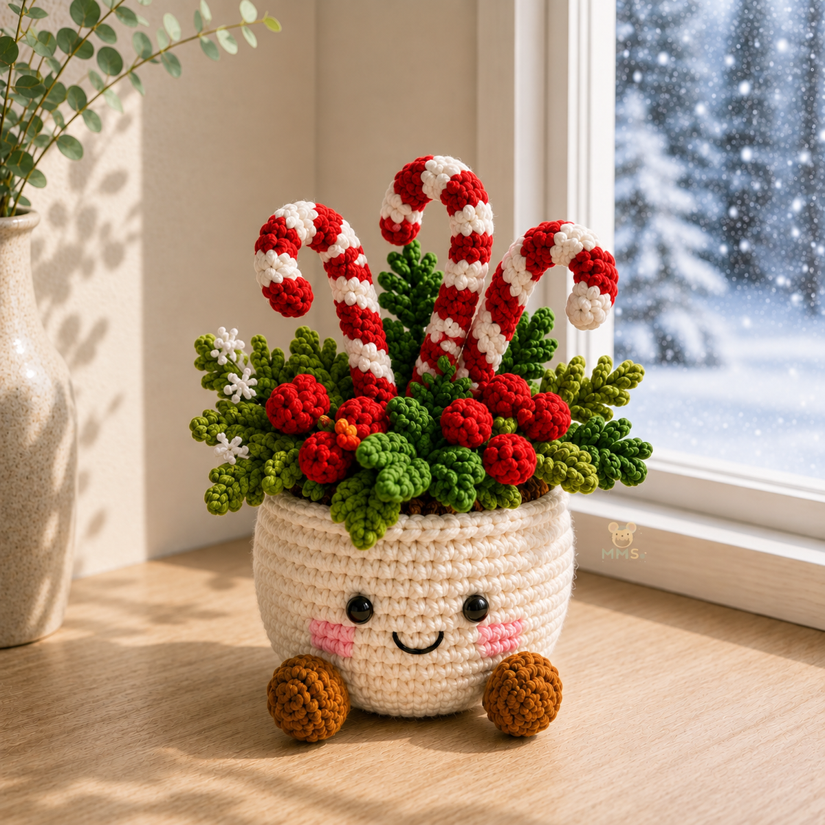 Crochet Christmas Flower Pot – Handmade Poinsettia Holiday Floral, Christmas Decor, Gift