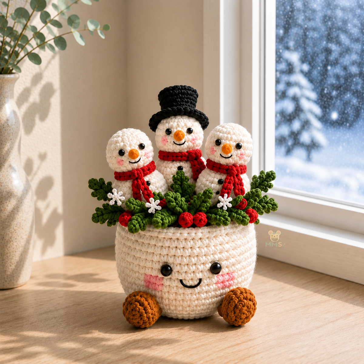Crochet Christmas Flower Pot – Handmade Poinsettia Holiday Floral, Christmas Decor, Gift