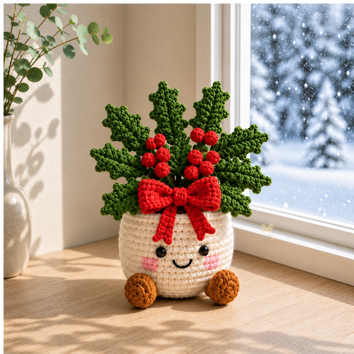 Crochet Christmas Flower Pot – Handmade Poinsettia Holiday Floral, Christmas Decor, Gift