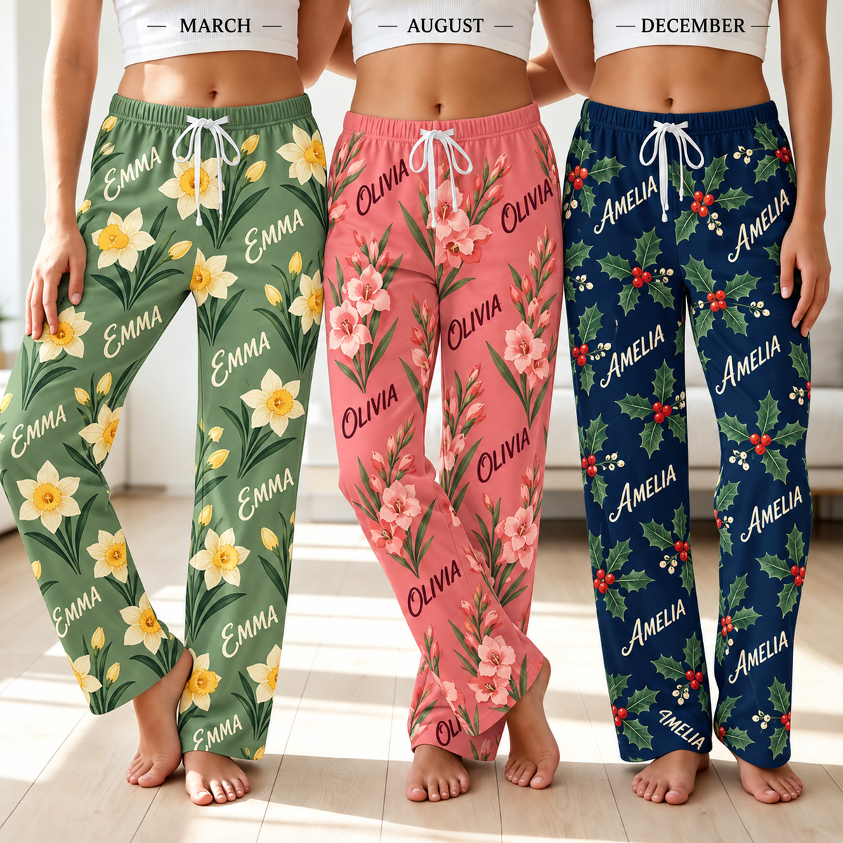 Personalized Birth Flower Pajama Set – Custom Name Floral Sleepwear for Women