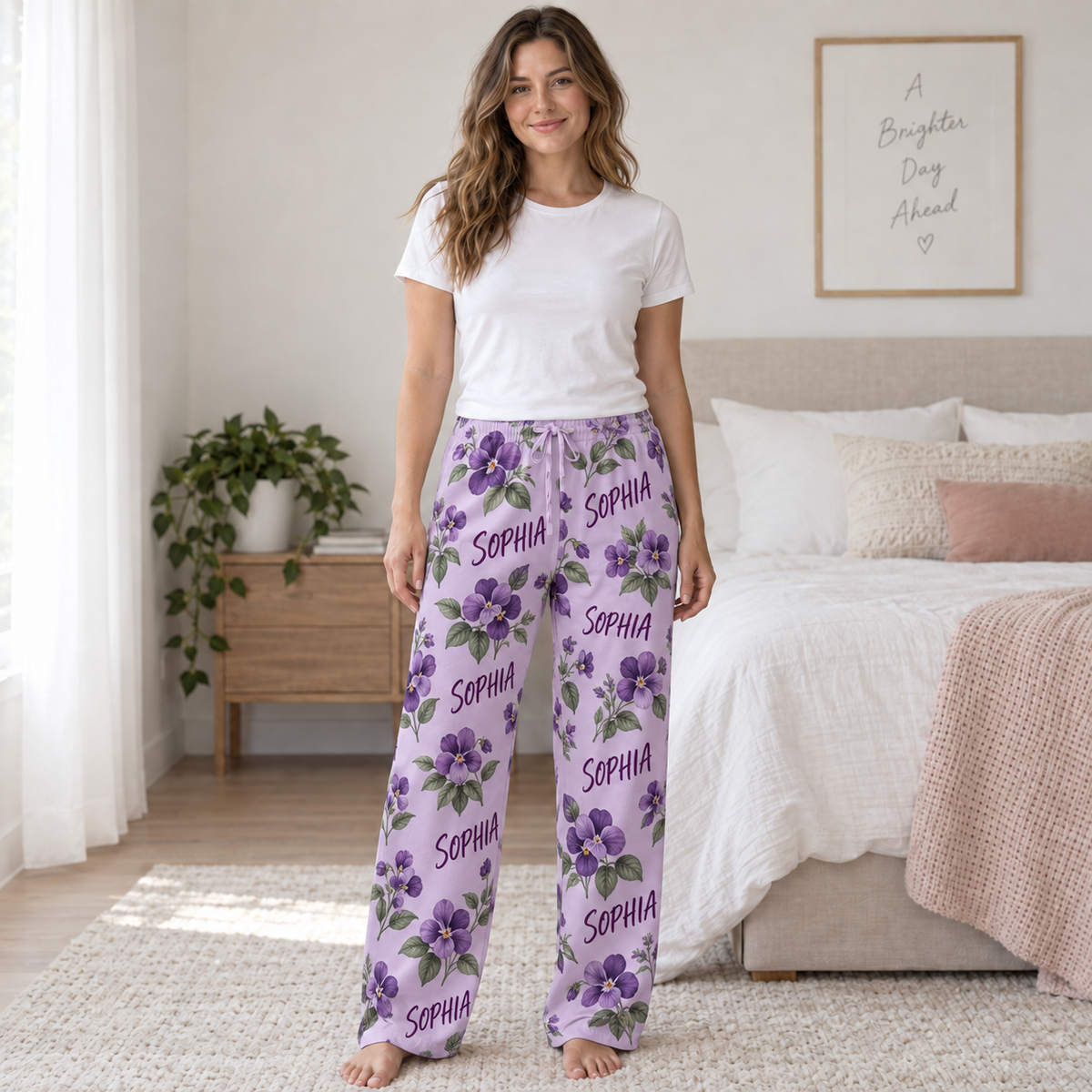 Personalized Birth Flower Pajama Set – Custom Name Floral Sleepwear for Women