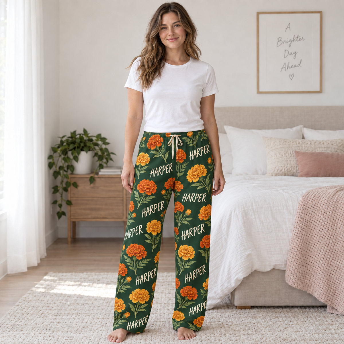 Personalized Birth Flower Pajama Set – Custom Name Floral Sleepwear for Women