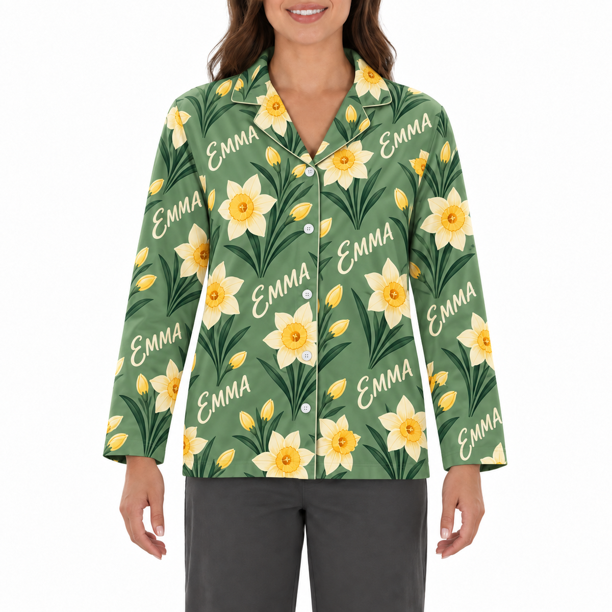 Personalized Birth Flower Pajama Set – Custom Name Floral Sleepwear for Women