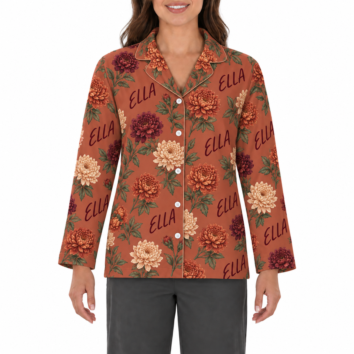 Personalized Birth Flower Pajama Set – Custom Name Floral Sleepwear for Women