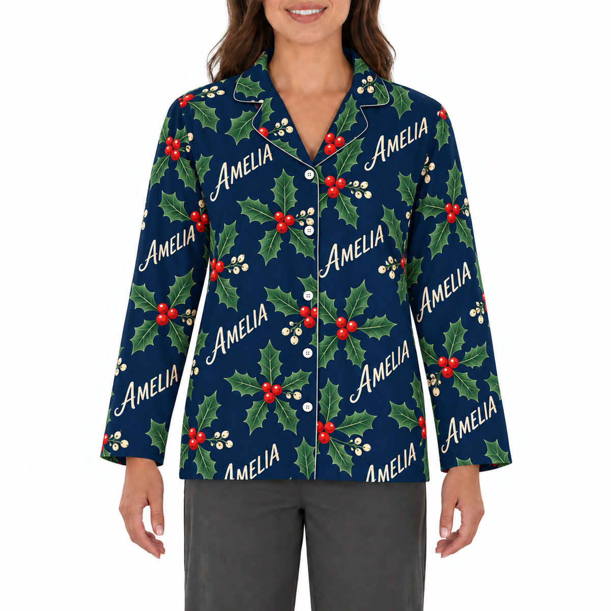 Personalized Birth Flower Pajama Set – Custom Name Floral Sleepwear for Women