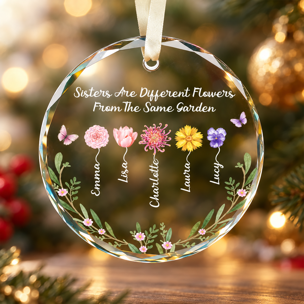 Personalized Sister Birth Flower Ornament | Custom Names & Birth Month Flowers