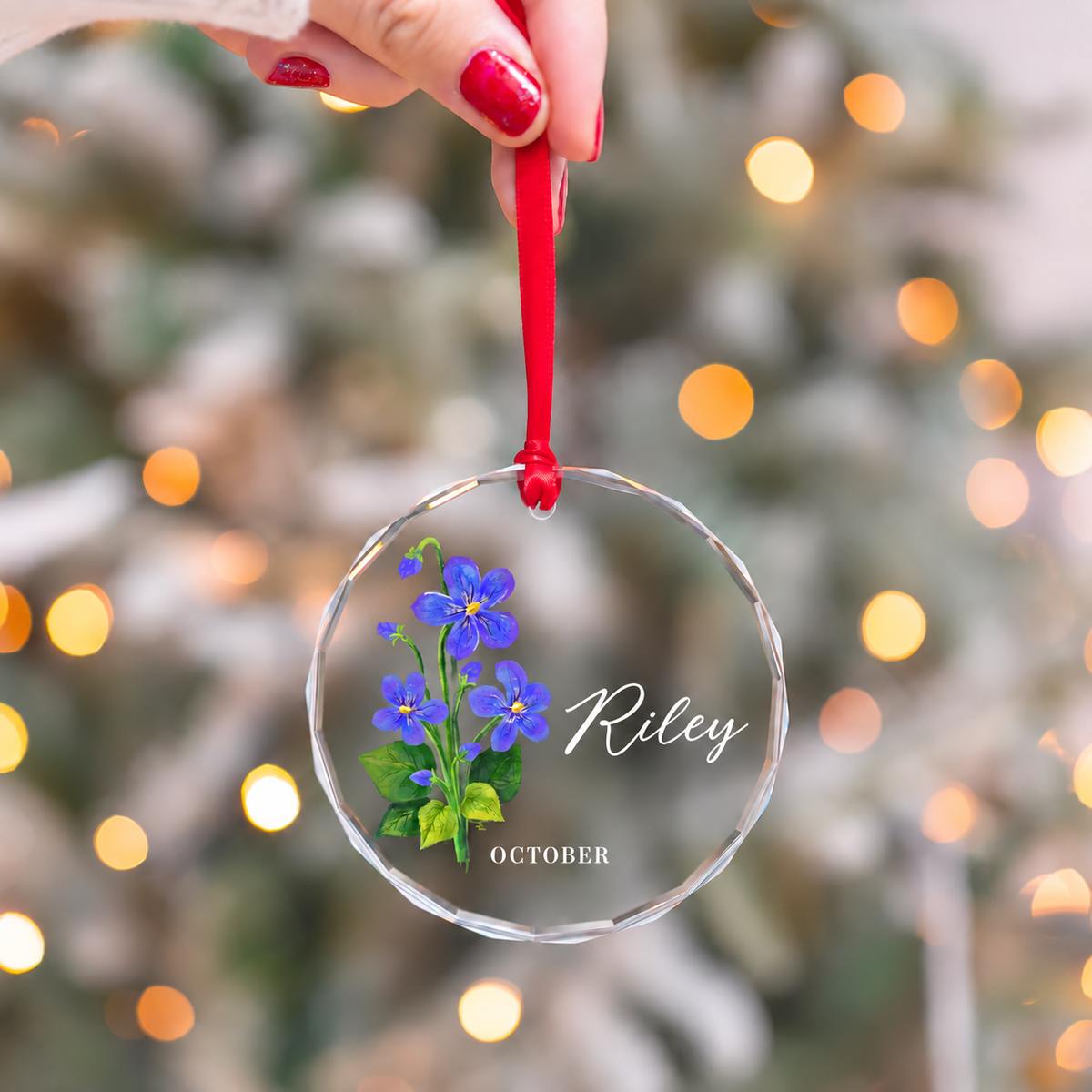 Personalized Birth Flower Glass Ornament | Custom Name Christmas Gift