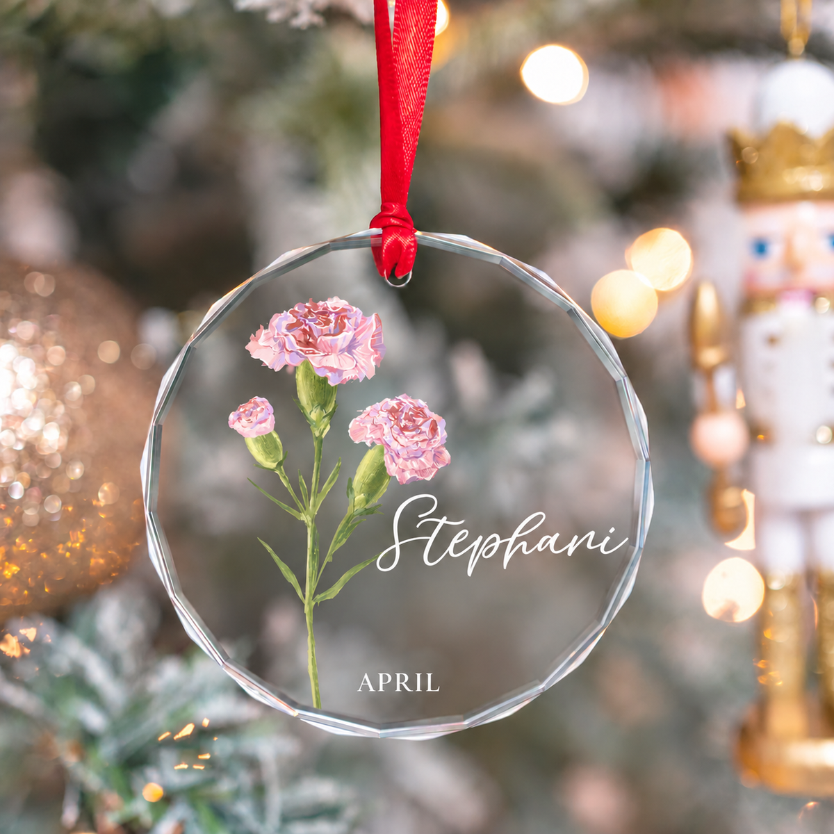 Personalized Birth Flower Glass Ornament | Custom Name Christmas Gift