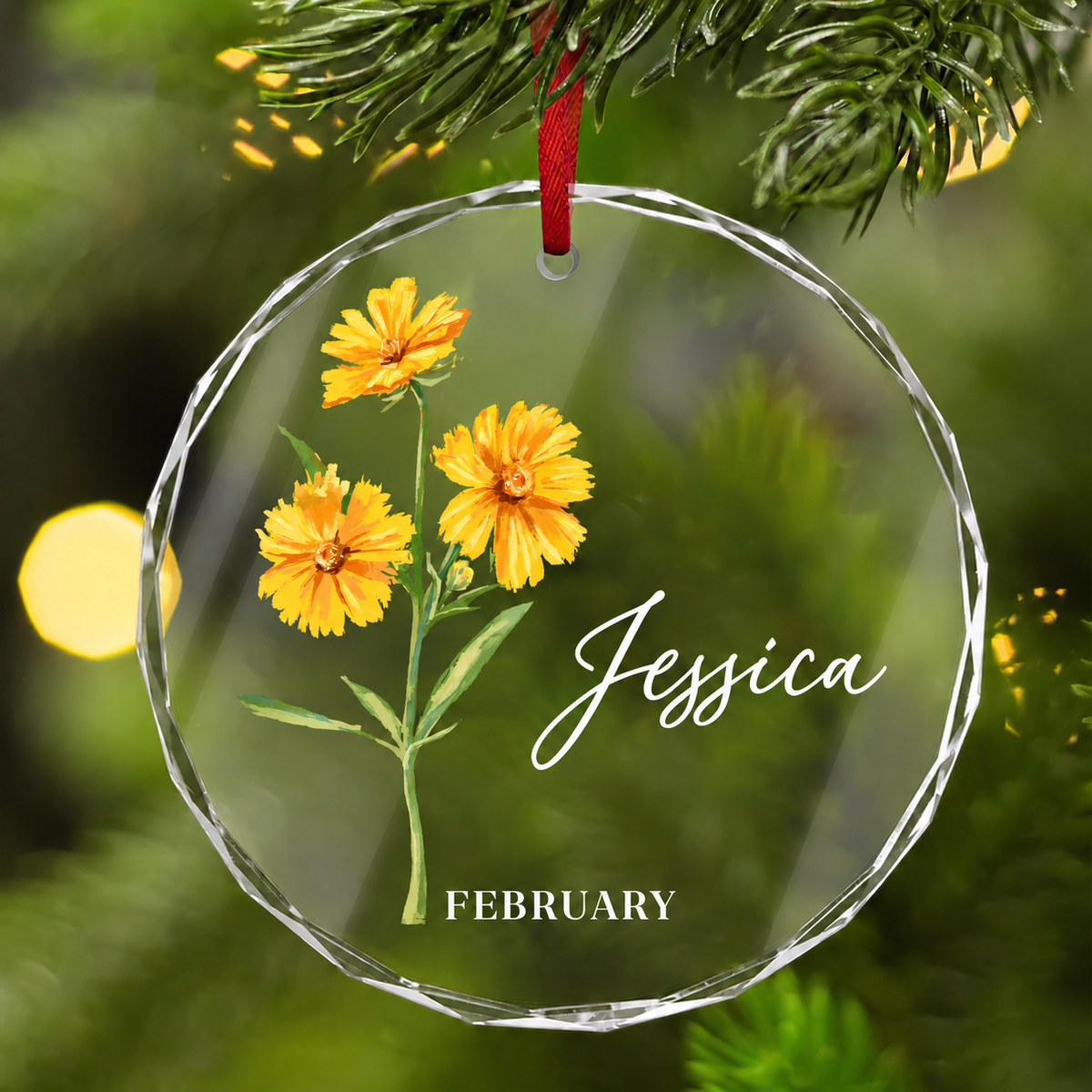 Personalized Birth Flower Glass Ornament | Custom Name Christmas Gift