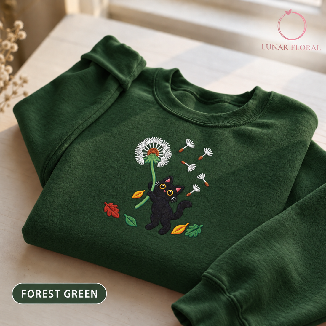 Cat Dandelion Wish Embroidered Sweatshirt - Nature Cat Lover Gift