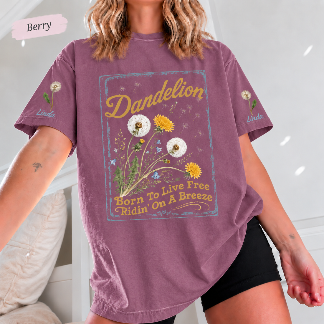 Dandelion Born To Live Free Tee | Custom Name Sleeves | Comfort Colors 1717