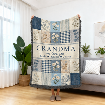Personalized Grandma Woven Blanket, Grandchildren Names Throw, Blue Floral Patchwork Gift for Nana Gigi