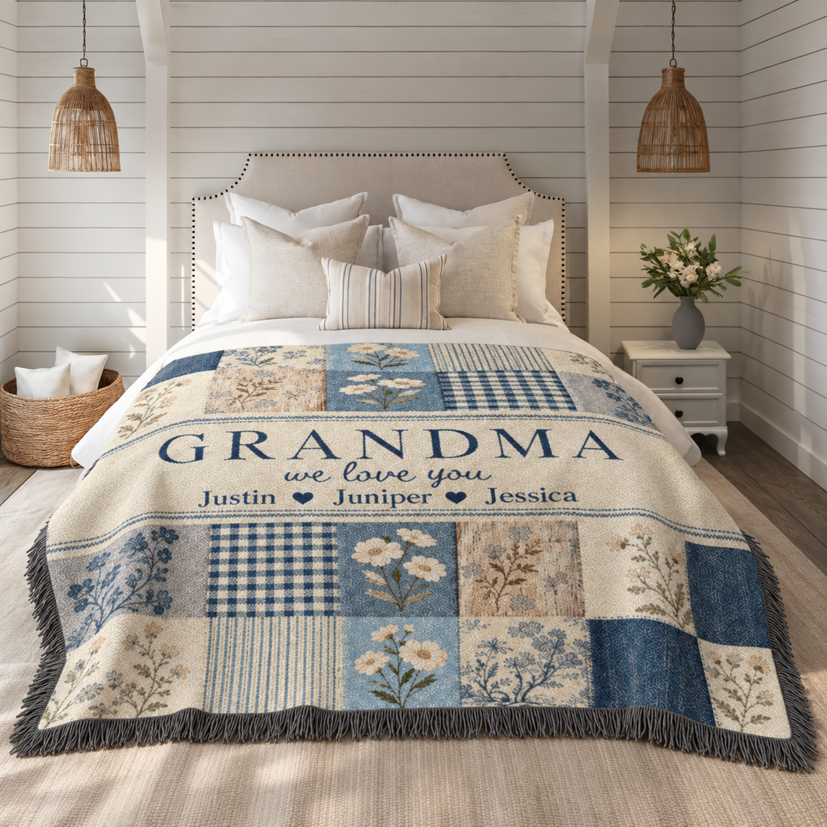 Personalized Grandma Woven Blanket, Grandchildren Names Throw, Blue Floral Patchwork Gift for Nana Gigi