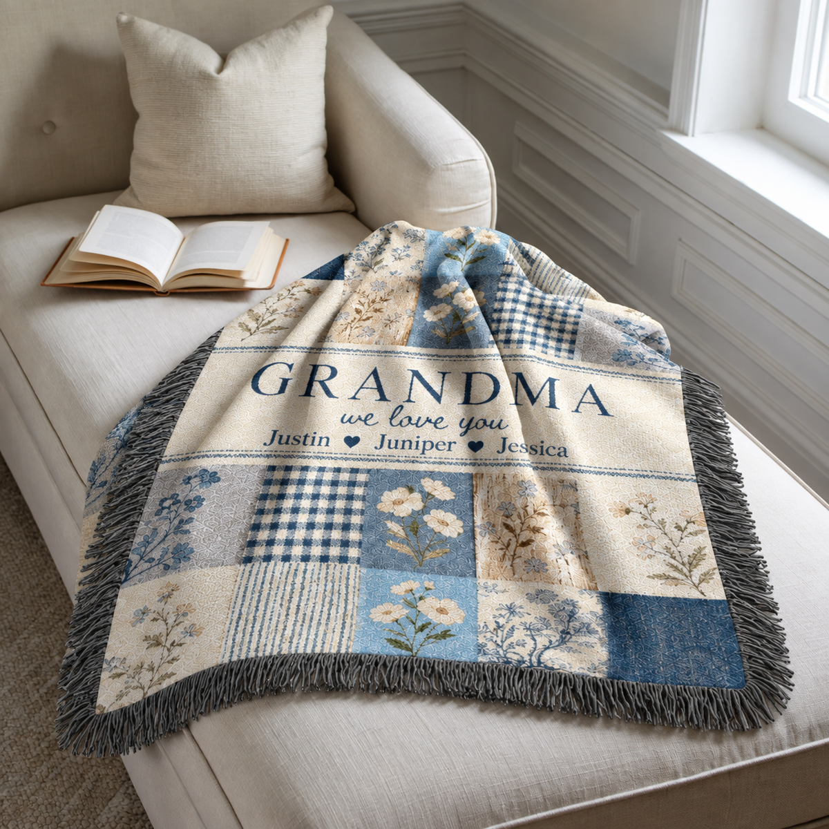 Personalized Grandma Woven Blanket, Grandchildren Names Throw, Blue Floral Patchwork Gift for Nana Gigi