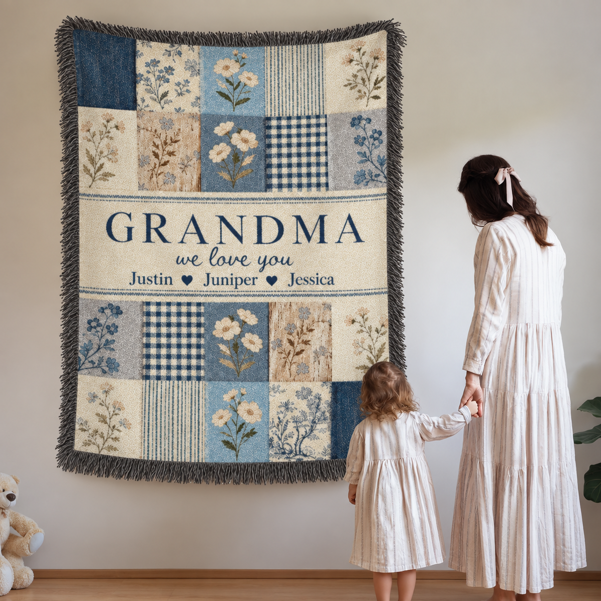 Personalized Grandma Woven Blanket, Grandchildren Names Throw, Blue Floral Patchwork Gift for Nana Gigi