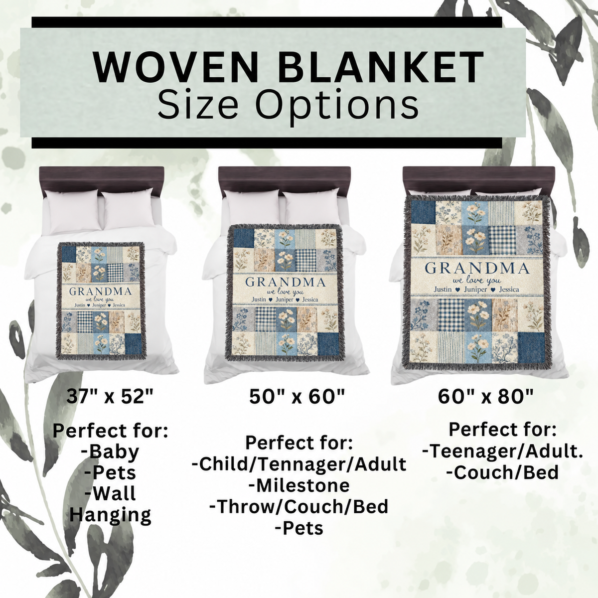 Personalized Grandma Woven Blanket, Grandchildren Names Throw, Blue Floral Patchwork Gift for Nana Gigi