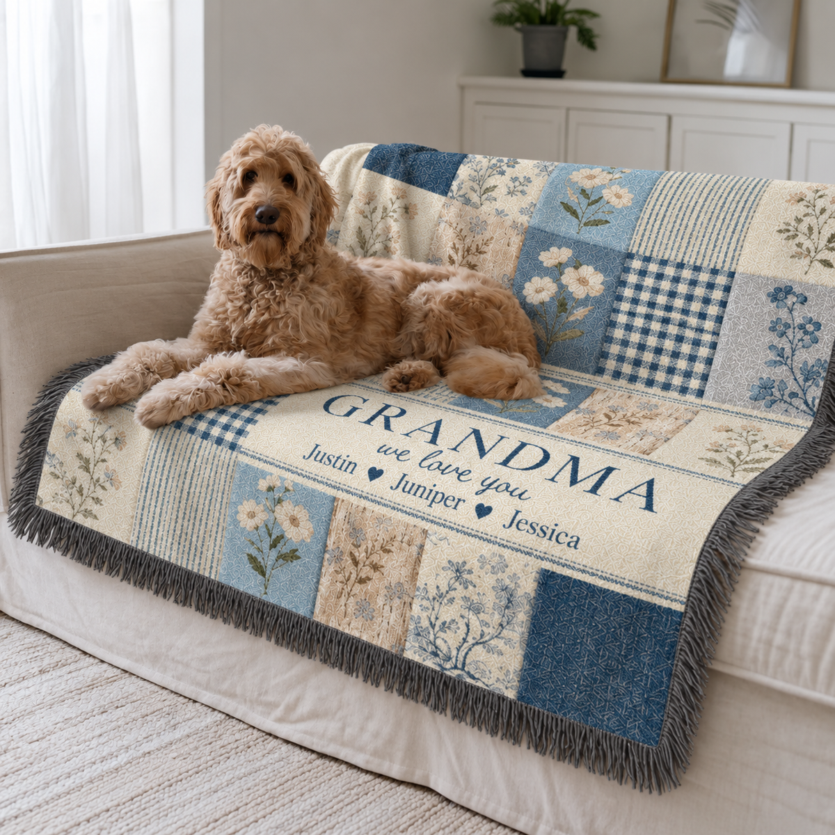 Personalized Grandma Woven Blanket, Grandchildren Names Throw, Blue Floral Patchwork Gift for Nana Gigi