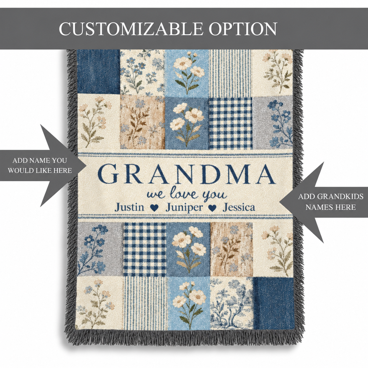 Personalized Grandma Woven Blanket, Grandchildren Names Throw, Blue Floral Patchwork Gift for Nana Gigi