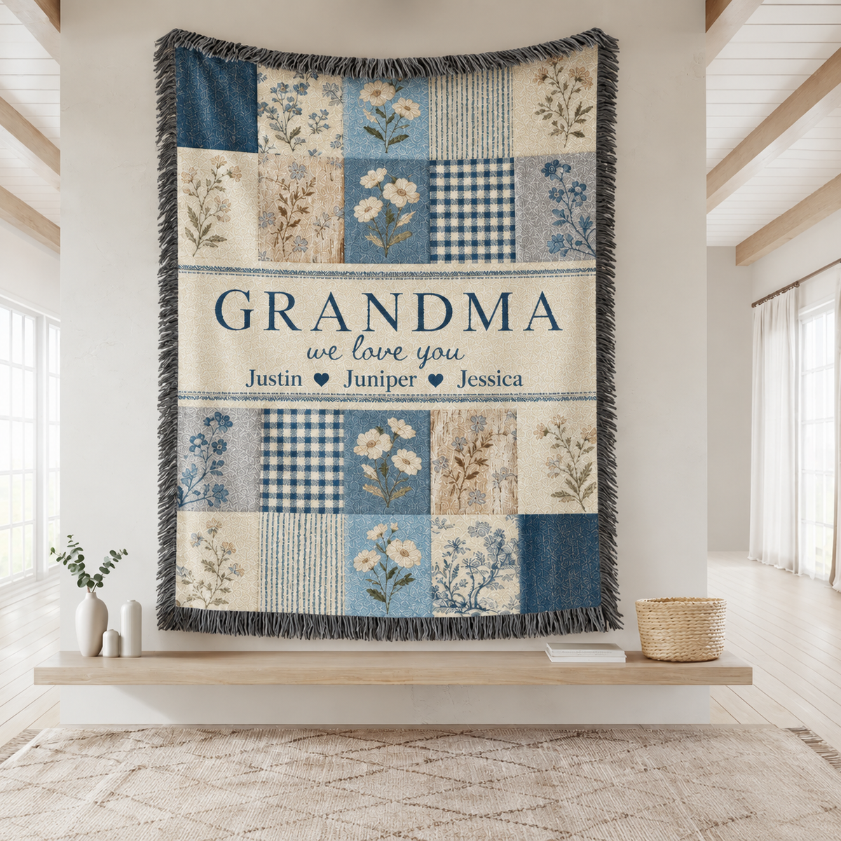 Personalized Grandma Woven Blanket, Grandchildren Names Throw, Blue Floral Patchwork Gift for Nana Gigi