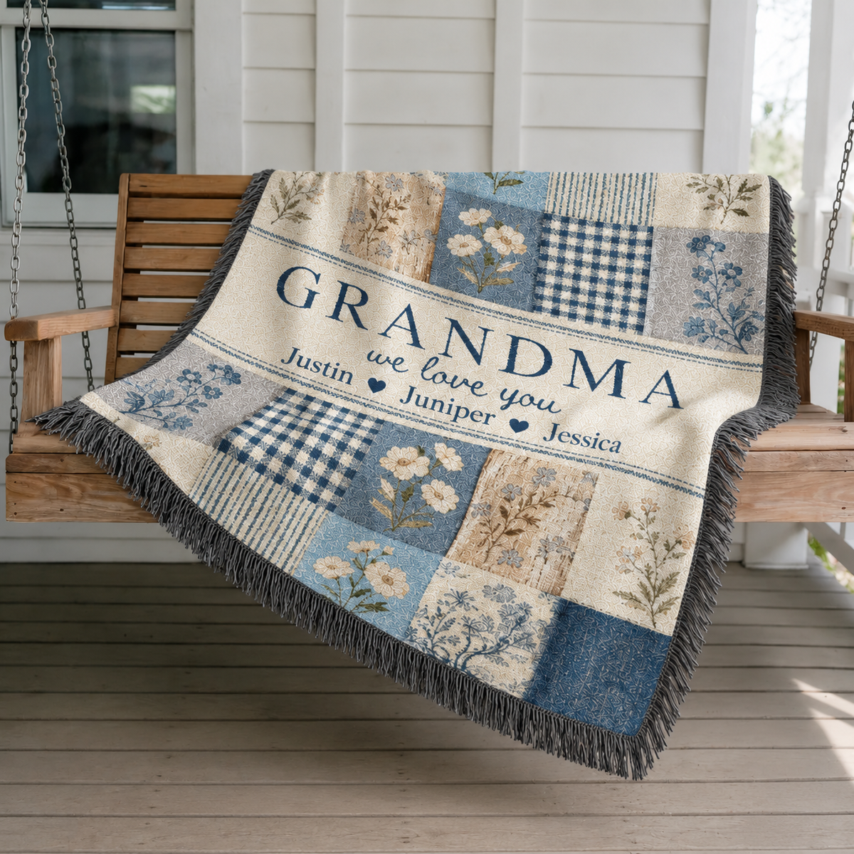 Personalized Grandma Woven Blanket, Grandchildren Names Throw, Blue Floral Patchwork Gift for Nana Gigi