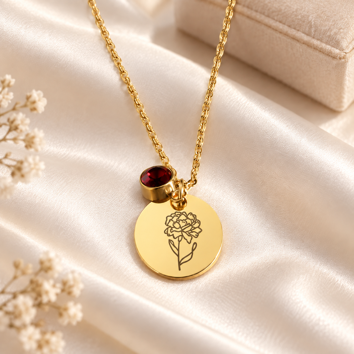 Birth Month Flowers Clipart Floral Discs Stainless Steel Pendant Necklace birthstone Personalized Birthday Gift for Her for Mom