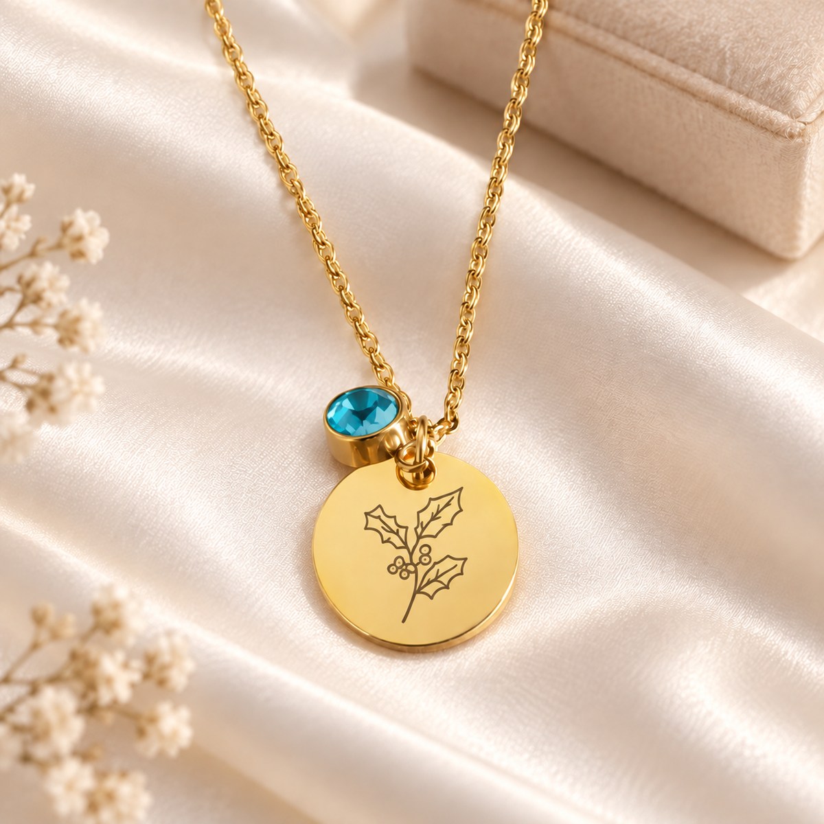 Birth Month Flowers Clipart Floral Discs Stainless Steel Pendant Necklace birthstone Personalized Birthday Gift for Her for Mom
