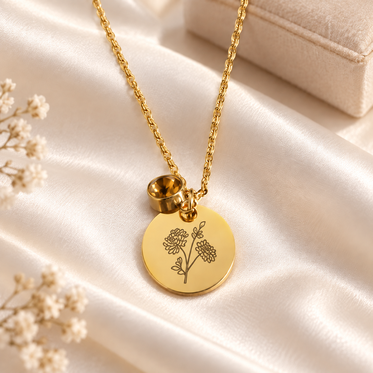 Birth Month Flowers Clipart Floral Discs Stainless Steel Pendant Necklace birthstone Personalized Birthday Gift for Her for Mom