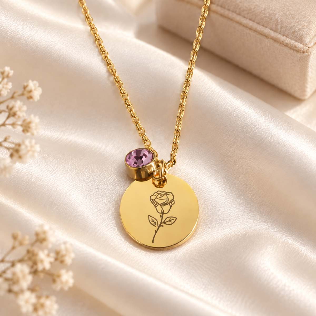 Birth Month Flowers Clipart Floral Discs Stainless Steel Pendant Necklace birthstone Personalized Birthday Gift for Her for Mom