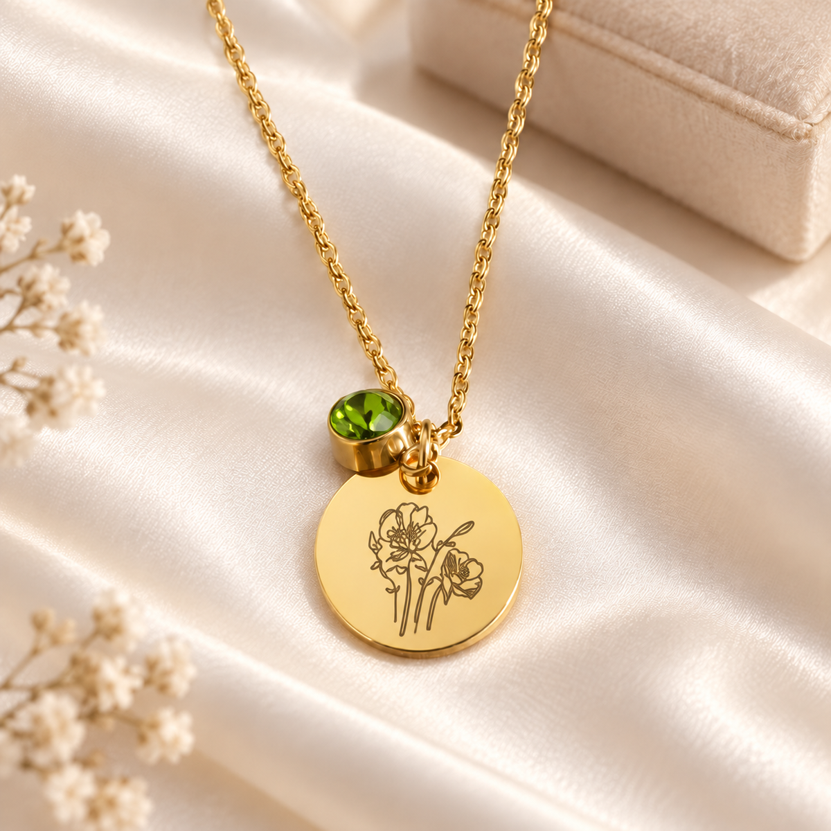 Birth Month Flowers Clipart Floral Discs Stainless Steel Pendant Necklace birthstone Personalized Birthday Gift for Her for Mom
